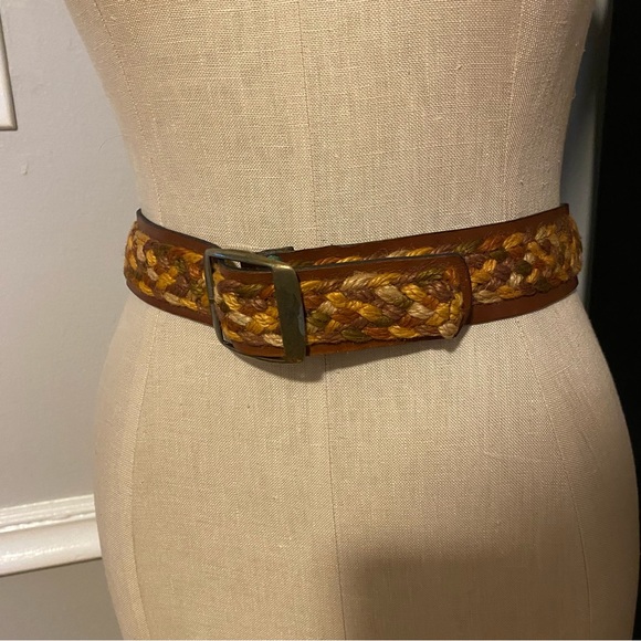 Vintage Accessories - Woven multi color thread basket weave brown leather boho hippie belt XXS XS